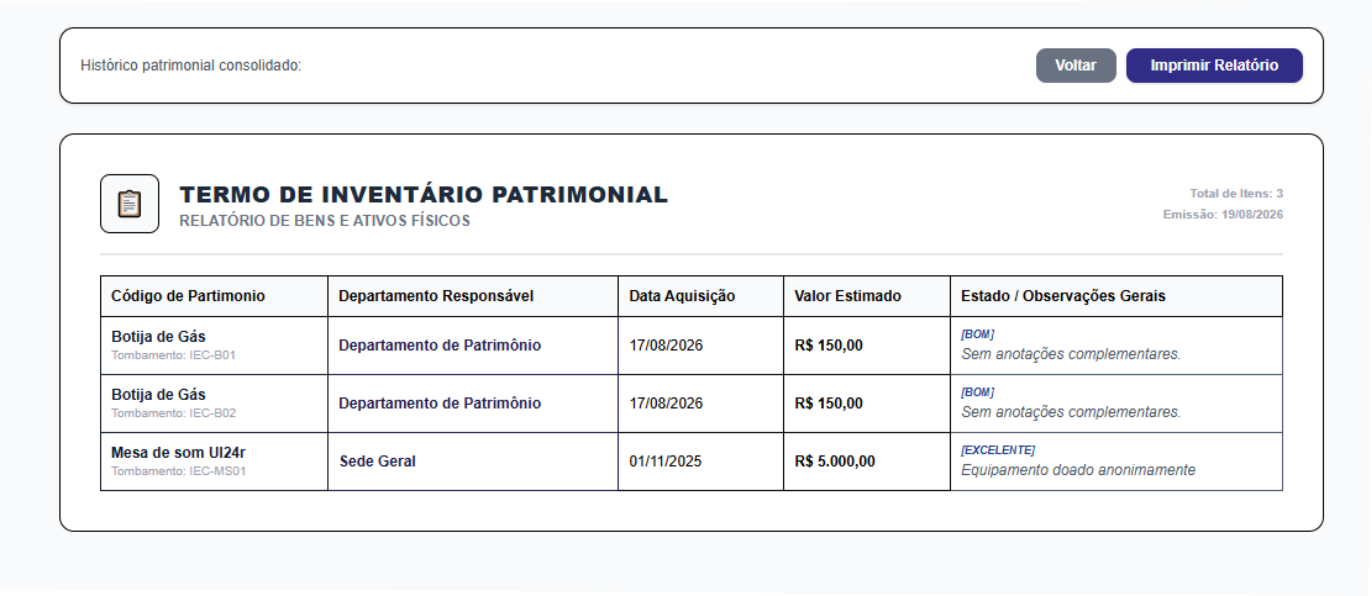 Relatórios de Patrimônio